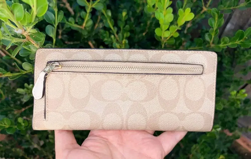 Coach Beige Signature Logo Canvas Long Slim Bifold Wallet